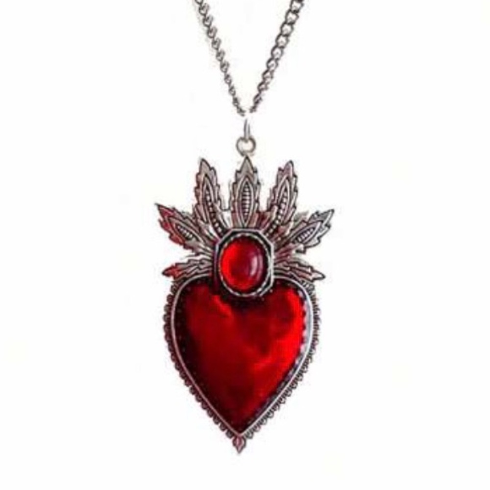 “Blooming Sacred Heart” Ruby Red Fiery Jesus Immaculate Mary Catholic Necklace